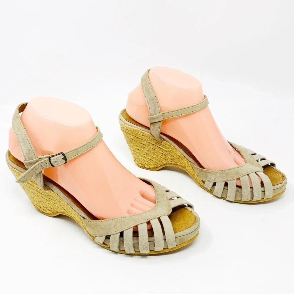 Eric Michael Kamielle Tan Suede Espadrille Cage Wedge Sandals Size 41 US 10 10.5